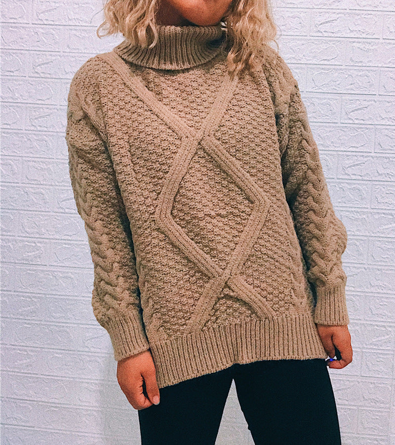 Damen Grobstrickpullover mit modischem Zopfmuster und hohem Kragen R&B