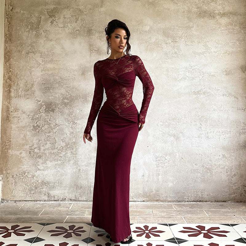 Damen Elegantes Langarm-Spitzenkleid mit tailliertem Design R&B