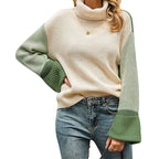 Damen Grobstrickpullover mit hohem Kragen und kontrastierenden Ärmeln