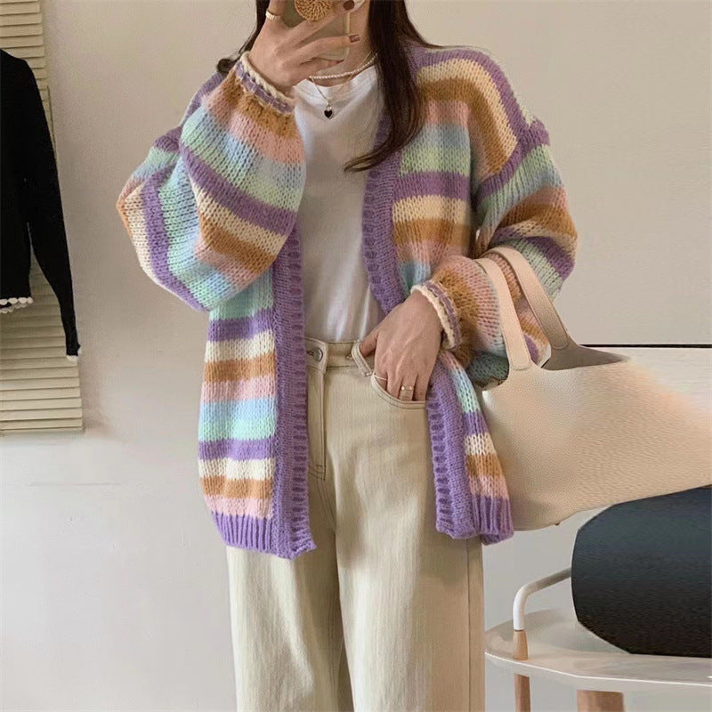 Damen Gemütlicher Strickcardigan mit buntem Streifenmuster und weitem Schnitt