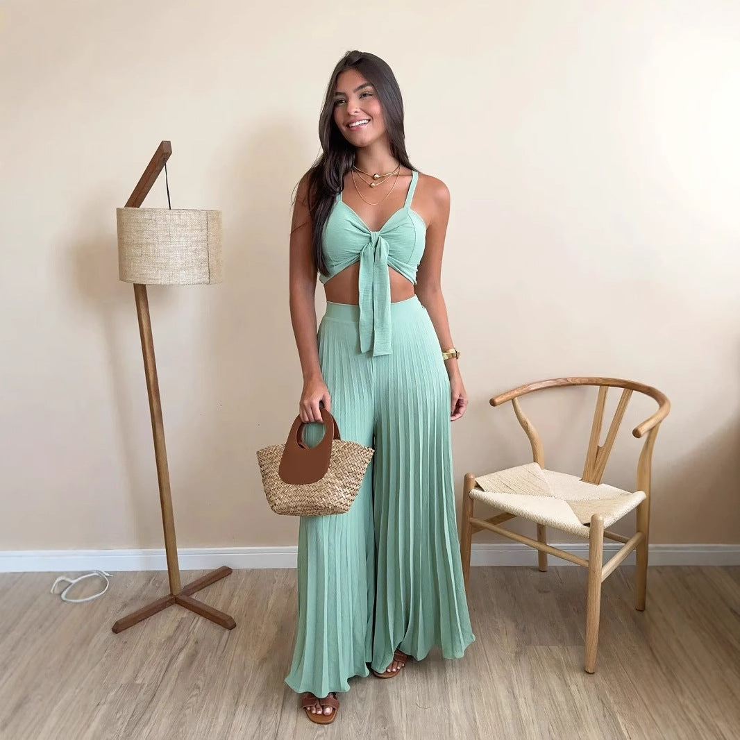 Damen Plissierte weite Hose mit Bindegürtel R&B
