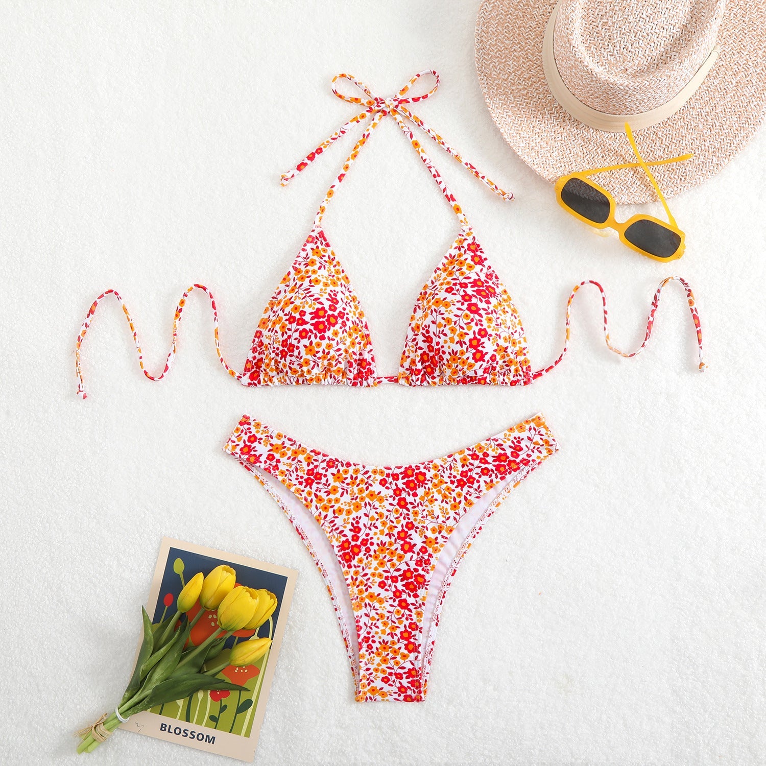 Damen Triangel-Bikini mit floralem Muster und verstellbaren Trägern R&B