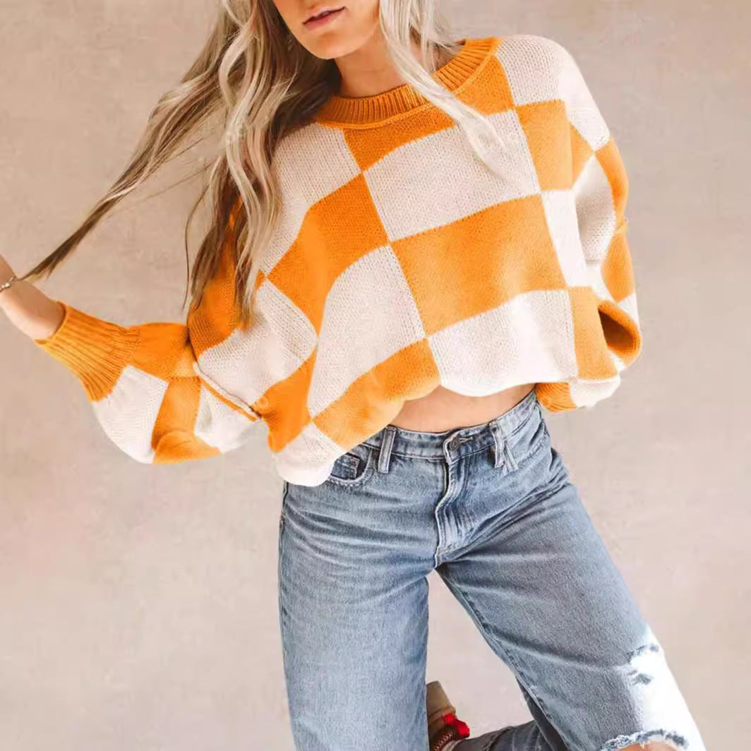 Damen modischer Pullover mit Karomuster und weitem Schnitt R&B