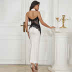 Damen Elegantes Spitzen-Maxikleid mit tiefem Schlüssel-Ausschnitt und figurformendem Design R&B