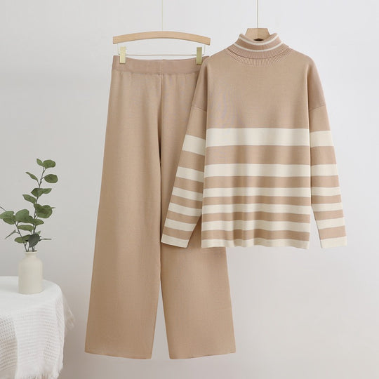 Damen Komfortables Strick-Loungewear-Set mit hohem Kragen und breiten Streifen R&B