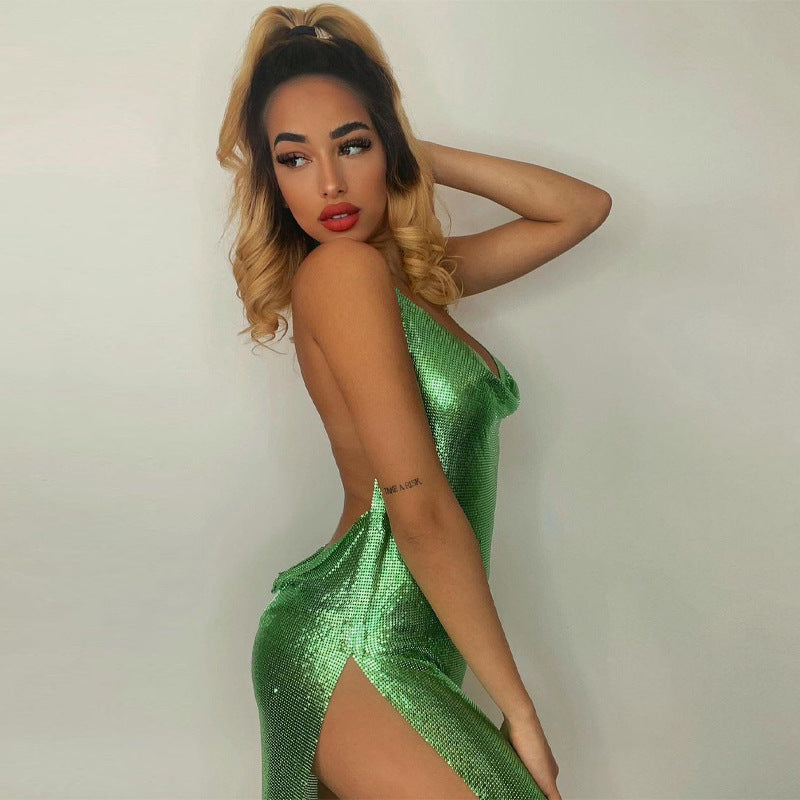 Damen glänzendes Minikleid im lässigen Chic-Stil mit Halternack R&B