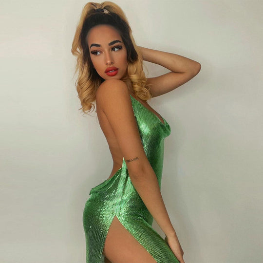 Damen glänzendes Minikleid im lässigen Chic-Stil mit Halternack R&B