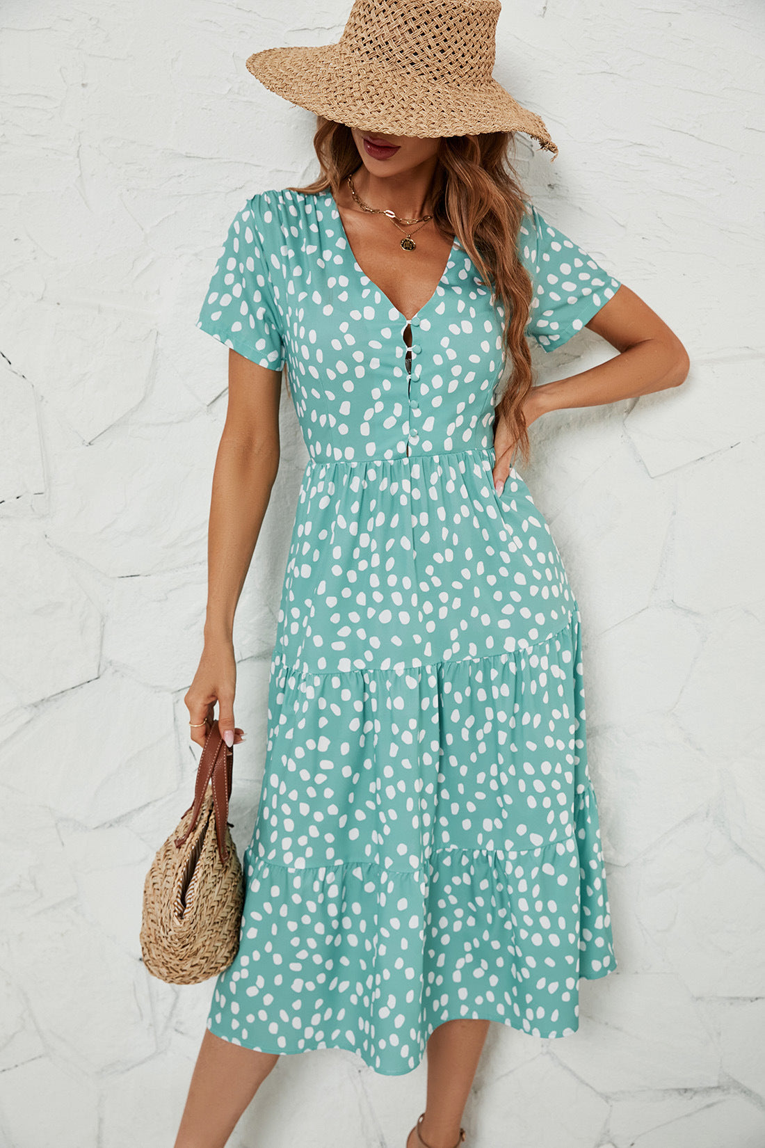 Damen Midi-Kleid mit Flügelärmeln und Knopfleiste R&B
