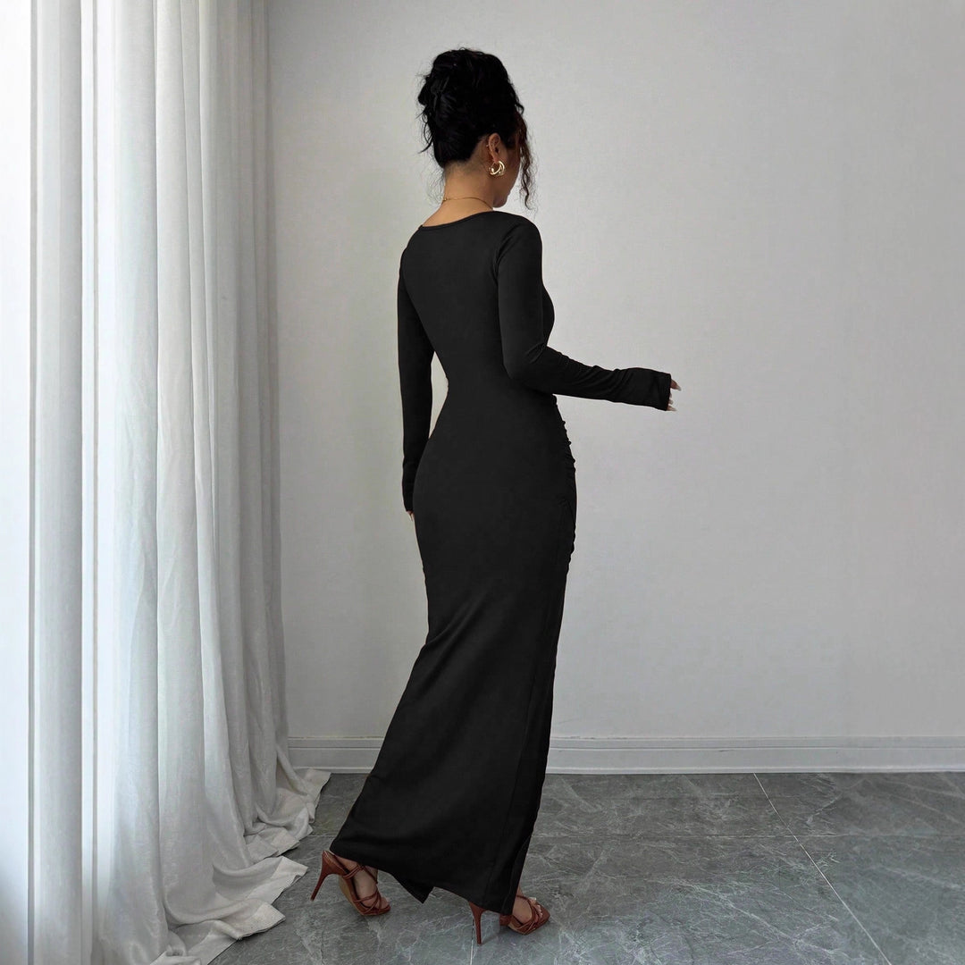 Damen nan körpernahes Maxikleid mit Quadratausschnitt, taillierter Raffung und hohem Seitenschlitz R&B
