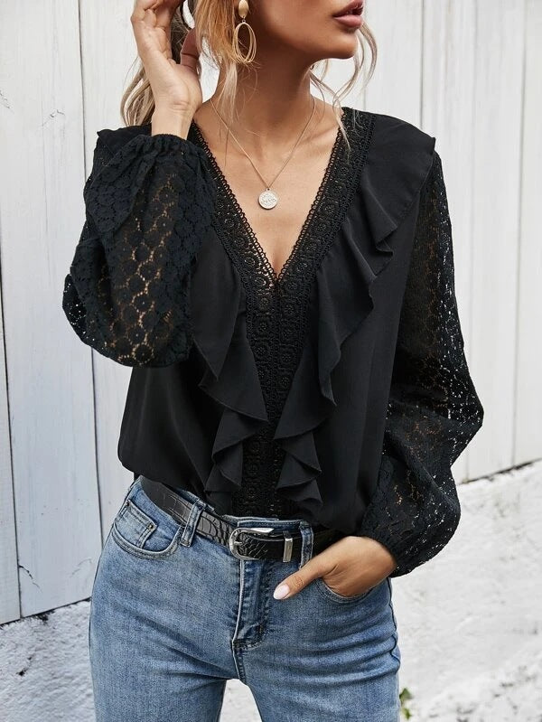 Damen Rüschenbluse mit transparenten Ärmeln und feinen Spitzenakzenten R&B