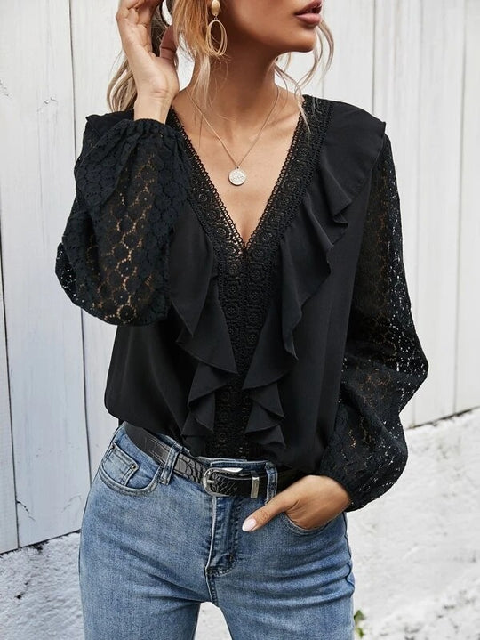 Damen Rüschenbluse mit transparenten Ärmeln und feinen Spitzenakzenten R&B