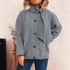 Damen gestreifte Strickjacke mit modernem Kragen und Knopfverschluss R&B