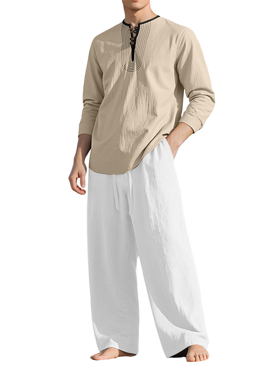 Herren nan Tunika- und Palazzohose-Set mit Henley-Blende, Zierstickerei und weitem Schnitt R&B