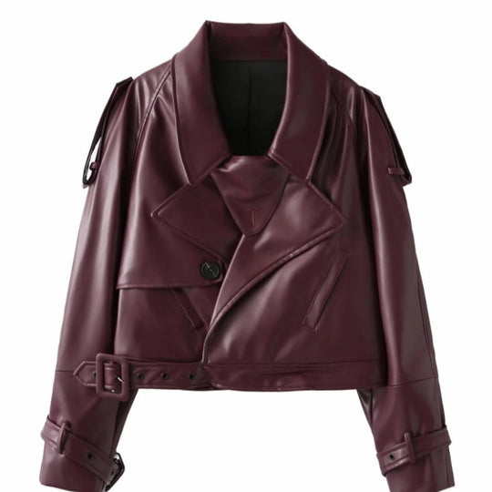 Damen Kunstleder Bikerjacke im modischem Cropped-Design mit taillierbarem Gürtel und dekorativen Knöpfen R&B