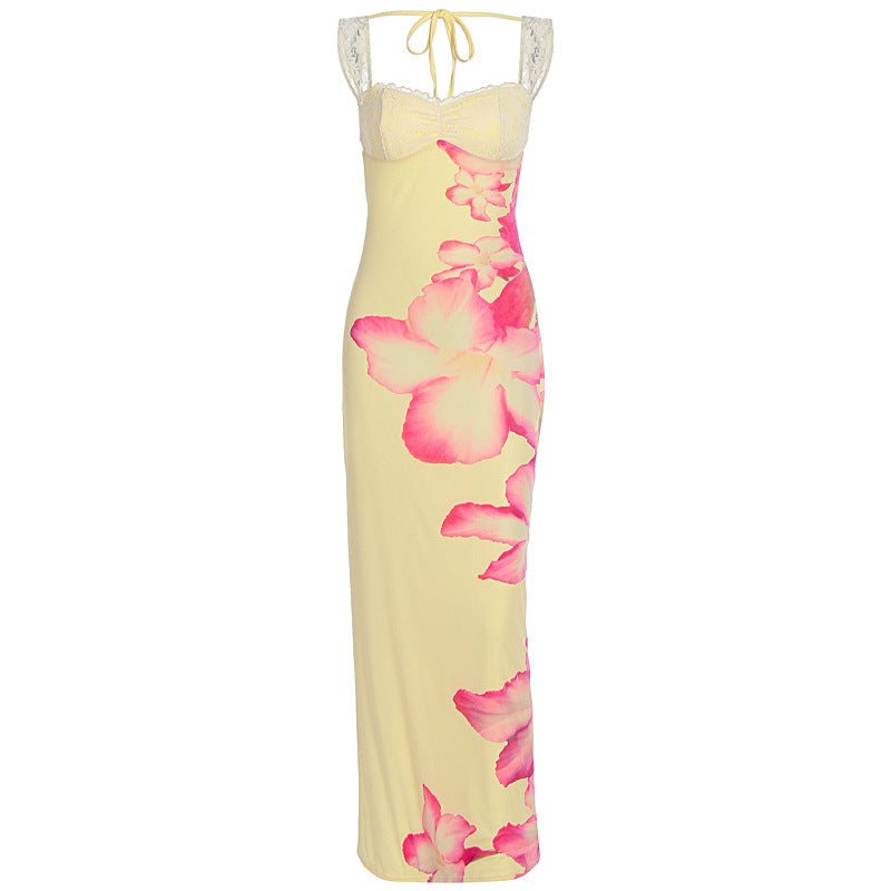 Damen Elegantes Maxikleid mit floralem Oberteil und Spitzenbändern R&B