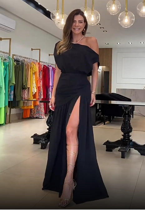Damen Elegantes Abendkleid mit schulterfreiem Design und hohem Schlitz R&B
