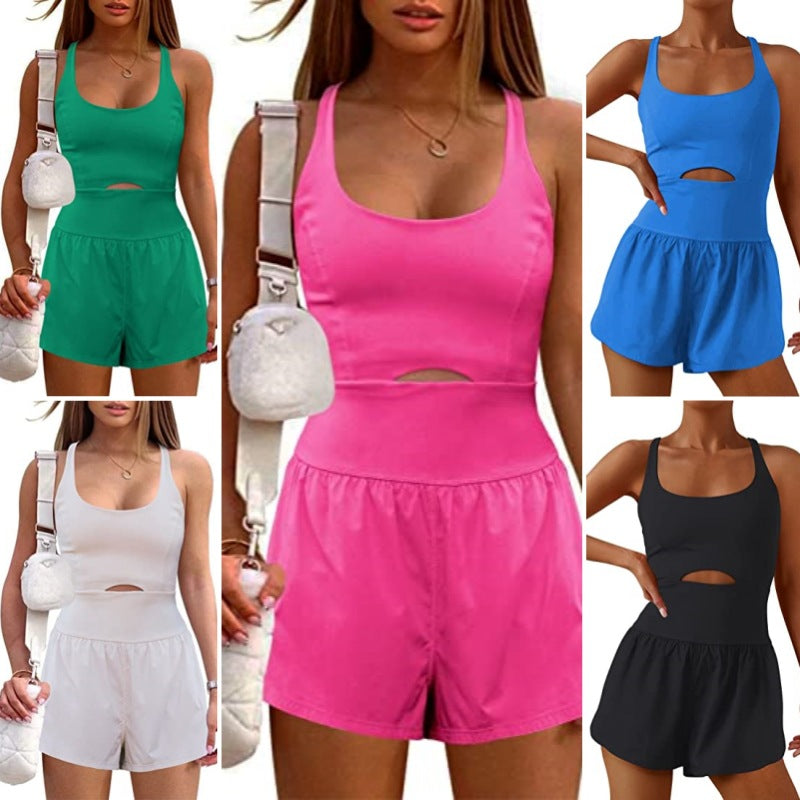 Damen Sportlicher Jumpsuit mit tailliertem Schnitt und tiefem Ausschnitt R&B