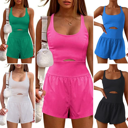 Damen Sportlicher Jumpsuit mit tailliertem Schnitt und tiefem Ausschnitt R&B