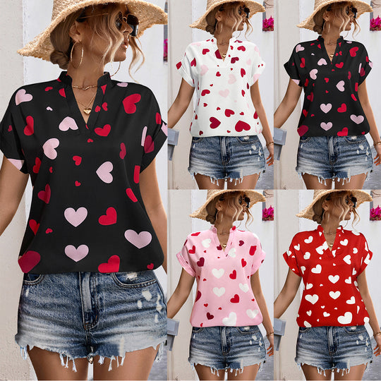 Damen luftiges Blusenshirt mit herzförmigem Print und lockerer Passform R&B