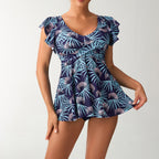 Damen Einteiler Badeanzug mit femininer Raffung und floralem Design R&B
