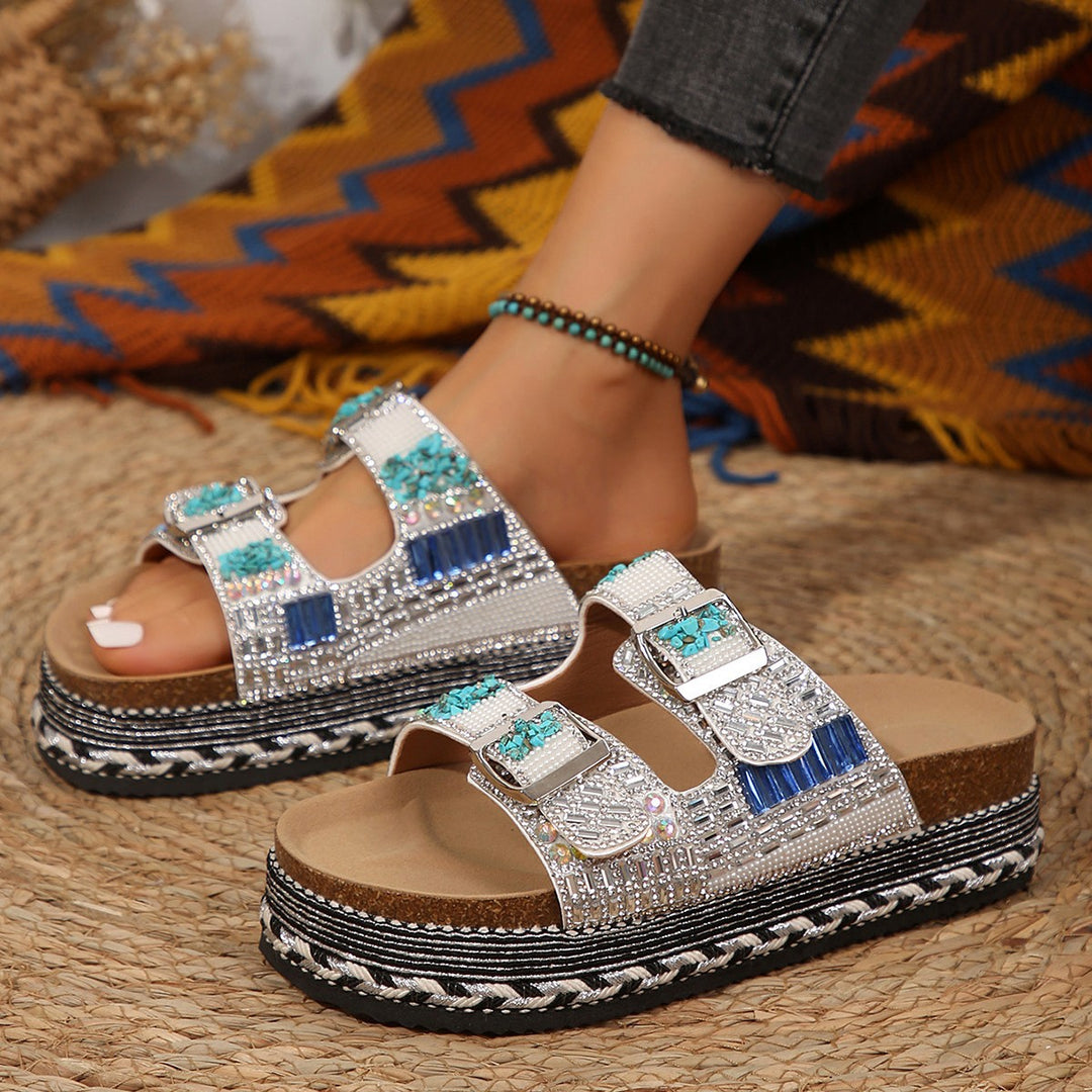 Damen Dekorative Zehentrenner-Sandalen mit breiten Riemen und funkelnden Akzenten R&B