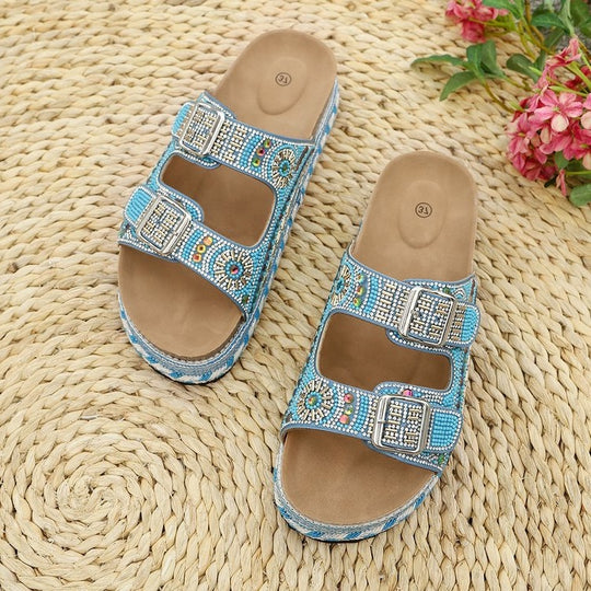 Damen Riemchen-Sandalen mit funkelnden Perlen und verstellbaren Schnallen R&B