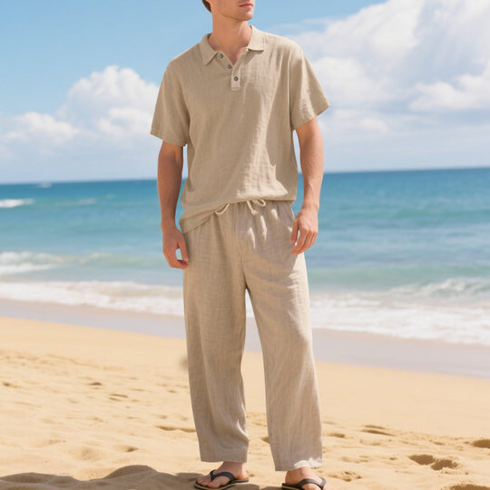Herren nan luftiges Leinen-Ensemble mit Polokragen und regulierbarer Bundhose R&B