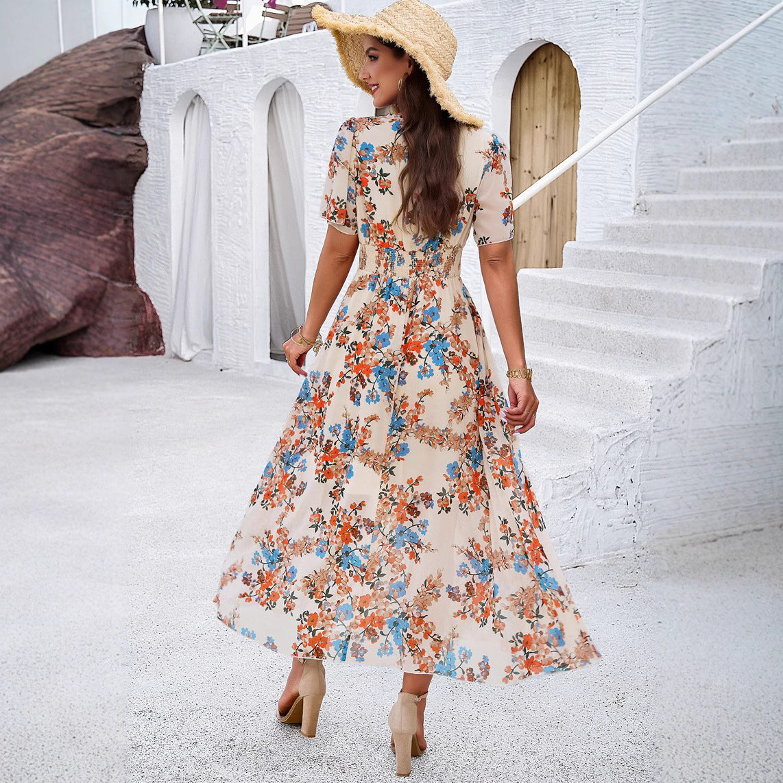 Damen Maxikleid mit floralen Details und elastischem Taillenbund R&B