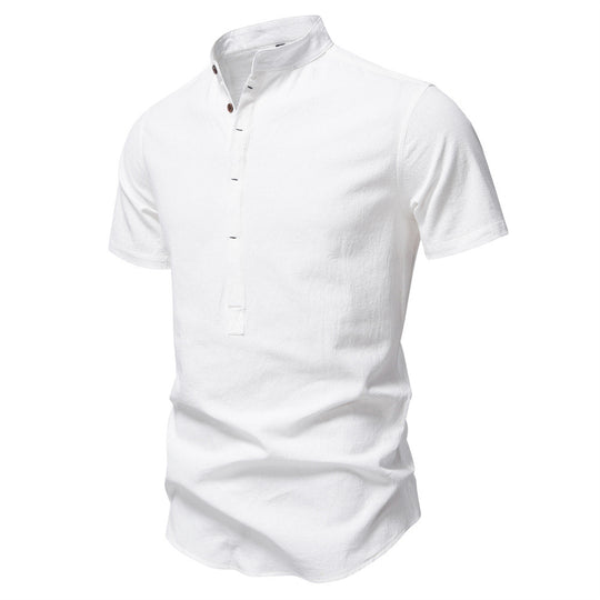 Herren nan lässiges Kurzarmshirt mit Stehkragen, halber Knopfleiste und leicht strukturierter Baumwoll-Leinen-Qualität R&B