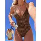Damen Einteiler Badeanzug mit tiefem V-Ausschnitt und gepunktetem Design R&B