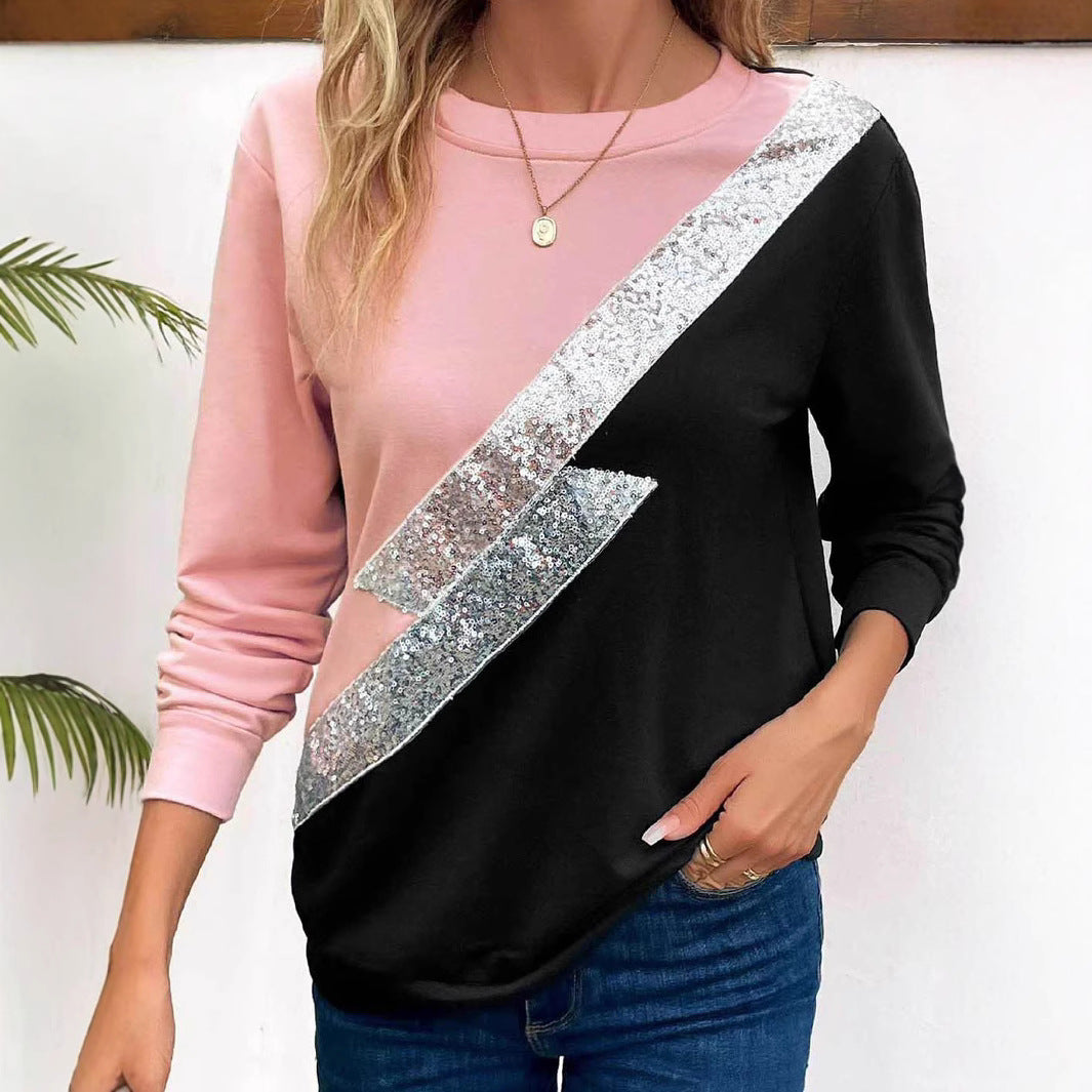 Damen lässiger Sweatshirt mit funkelndem Pailletten-Design und modernem Farbkontrast R&B