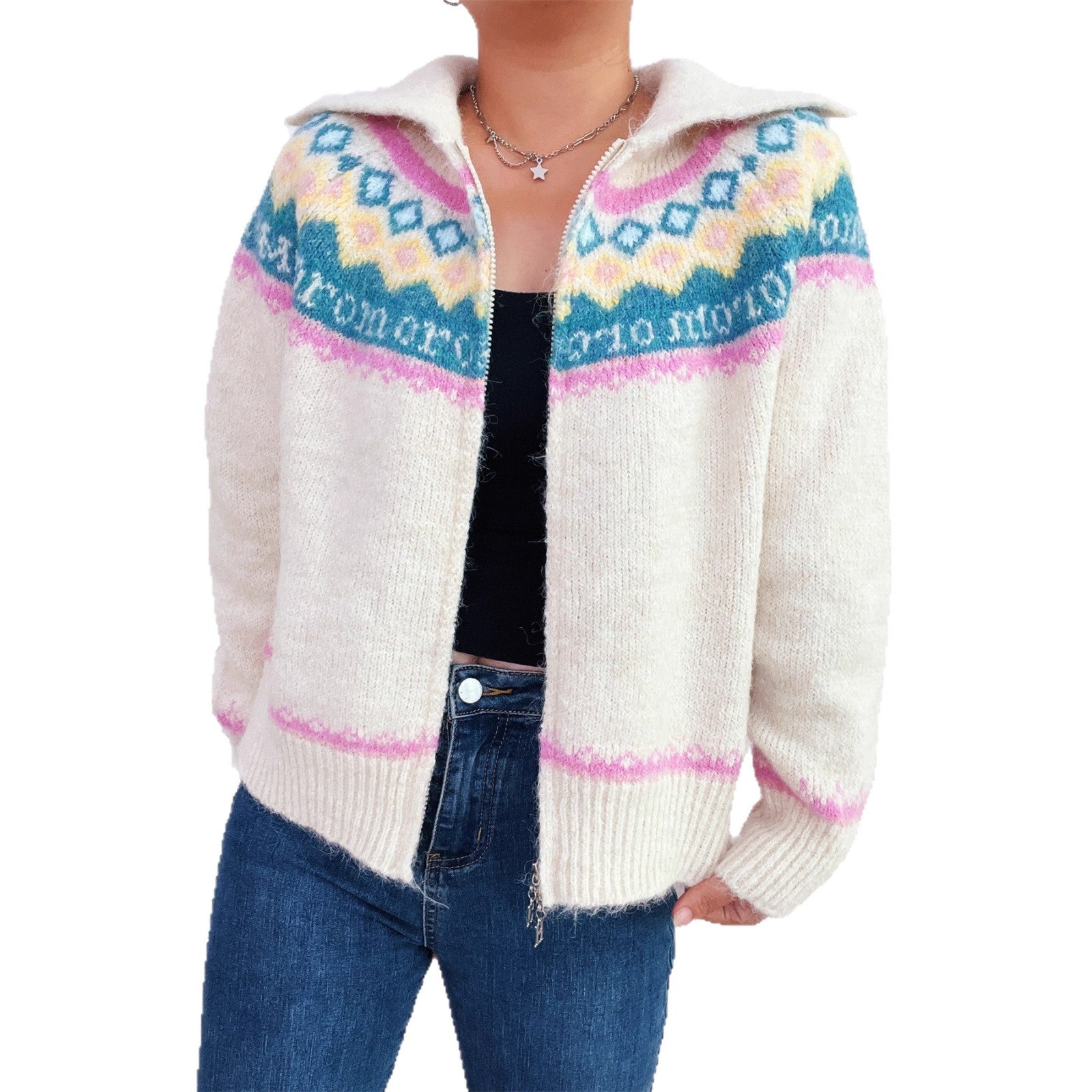 Damen Strickjacke mit buntem Muster und hochwertigem Reißverschluss R&B