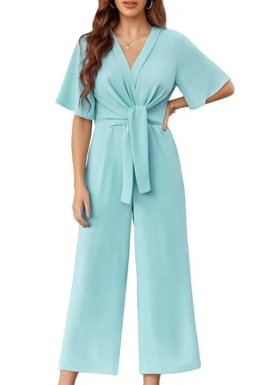 Damen Jumpsuit mit Taillenknoten und weitem Bein R&B