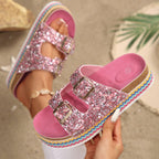Damen Glitzernde Plateau-Sandalen mit Doppelschnalle und mehrfarbigem Boden R&B