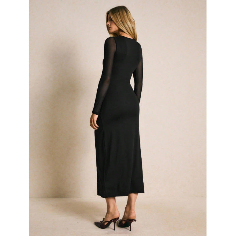 Damen Elegantes Wickelkleid mit transparenten Ärmeln und hohem Schlitz R&B