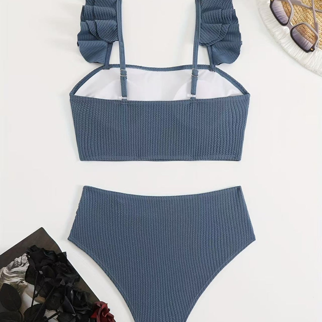 Damen Hochgeschnittenes Badeoberteil mit Rüschendetails und passendem Bikini-Unterteil R&B