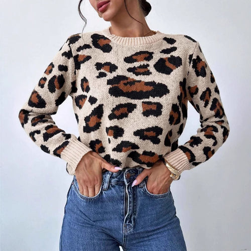 Damen kuscheliger Strickpullover mit Leopardenmuster und überschnittenen Schultern R&B