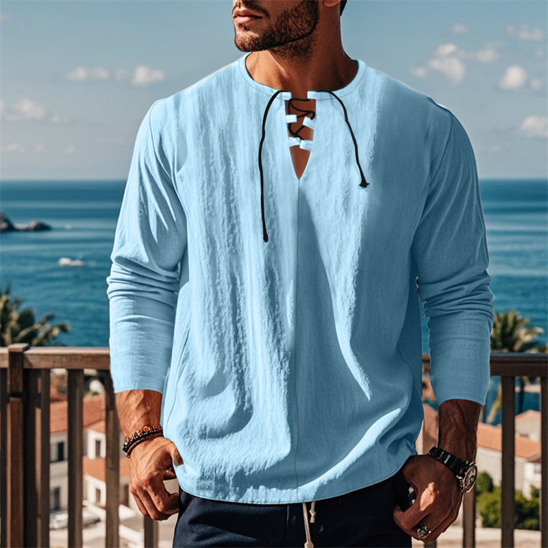 Herren modisches Langarmshirt mit Schnürung und V-Ausschnitt R&B