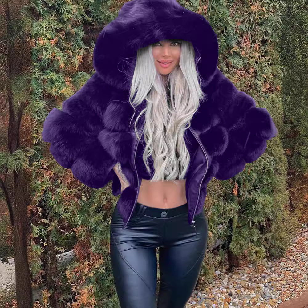 Damen Kuschelige Kunstfelljacke mit voluminösem Kapuzenkragen R&B