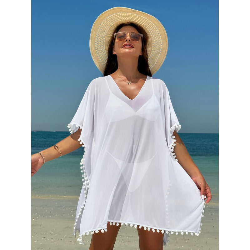 Damen Strandkleid mit dekorativem Pompon-Besatz und elegantem V-Ausschnitt R&B