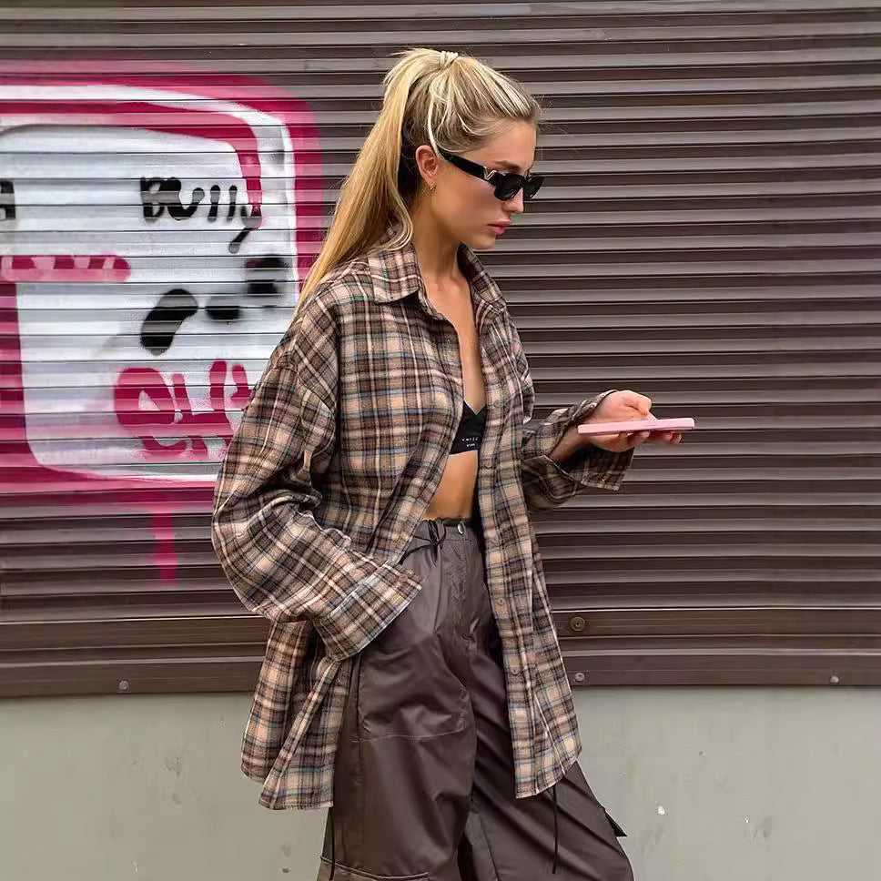 Damen Kariertes Overshirt im lässigen Schnitt mit übergroßen Ärmeln R&B
