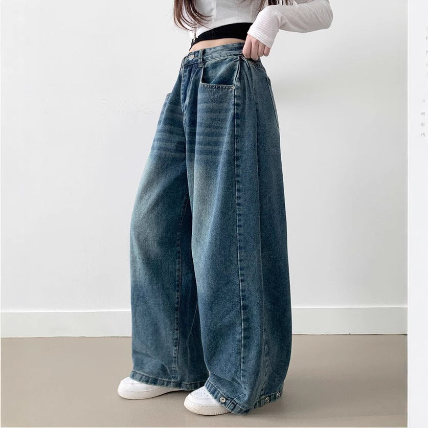 Damen Weite High-Waist Denim-Hose mit Faltenwurf R&B