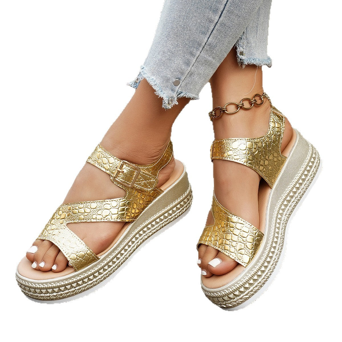 Damen Komfortable Plattform-Sandalen mit modischem Krokodil-Prägung R&B