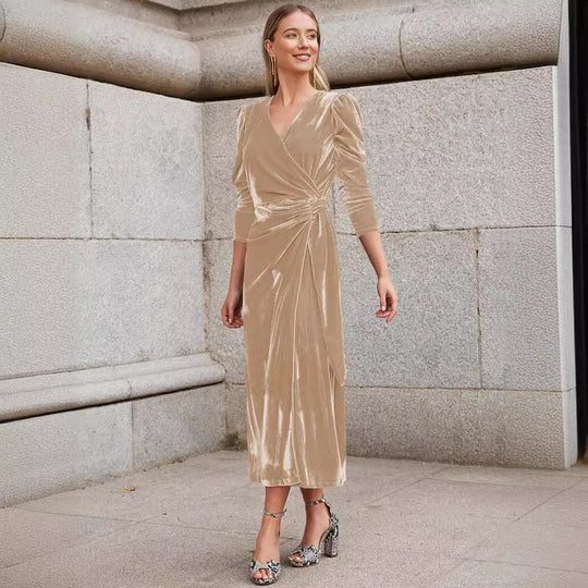 Damen Elegantes Wickelkleid mit Puffärmeln und Goldakzenten R&B