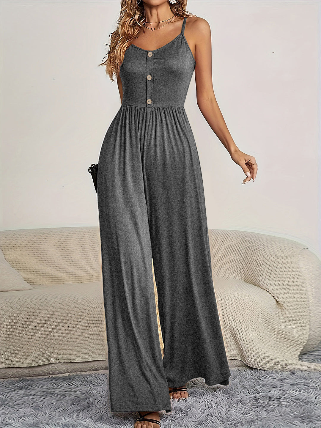 Damen Jumpsuit mit knöpfbarem Oberteil und weitem Bein R&B