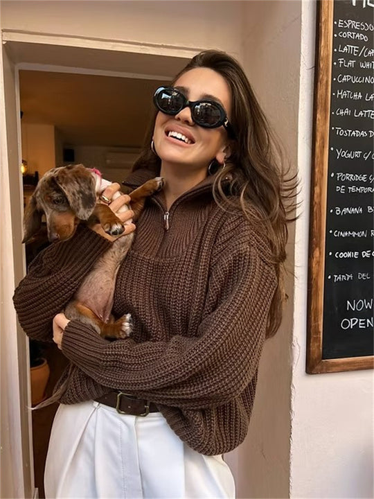 Damen Grober Strickpullover mit hohem Kragen und Reißverschluss R&B