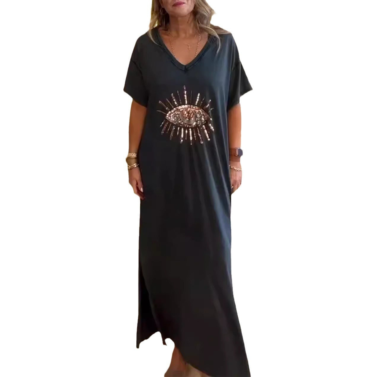 Damen strandliches Maxikleid mit funkelndem Augendesign R&B