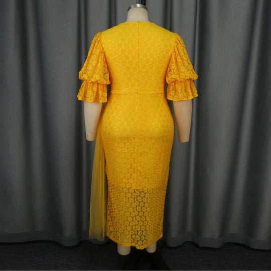 Damen elegantes Spitzenteil Kleid mit voluminösen Rüschensäumen R&B