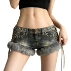 Damen Modische Denim-Shorts mit luxuriösem Kunstfell und Schnürdetails R&B