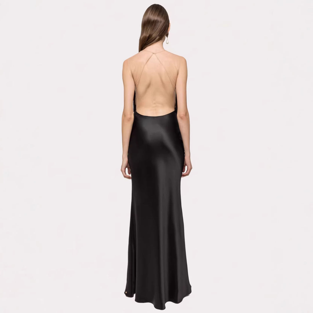 Damen Langärmliges Maxikleid mit tiefem V-Ausschnitt und fransierten Details R&B